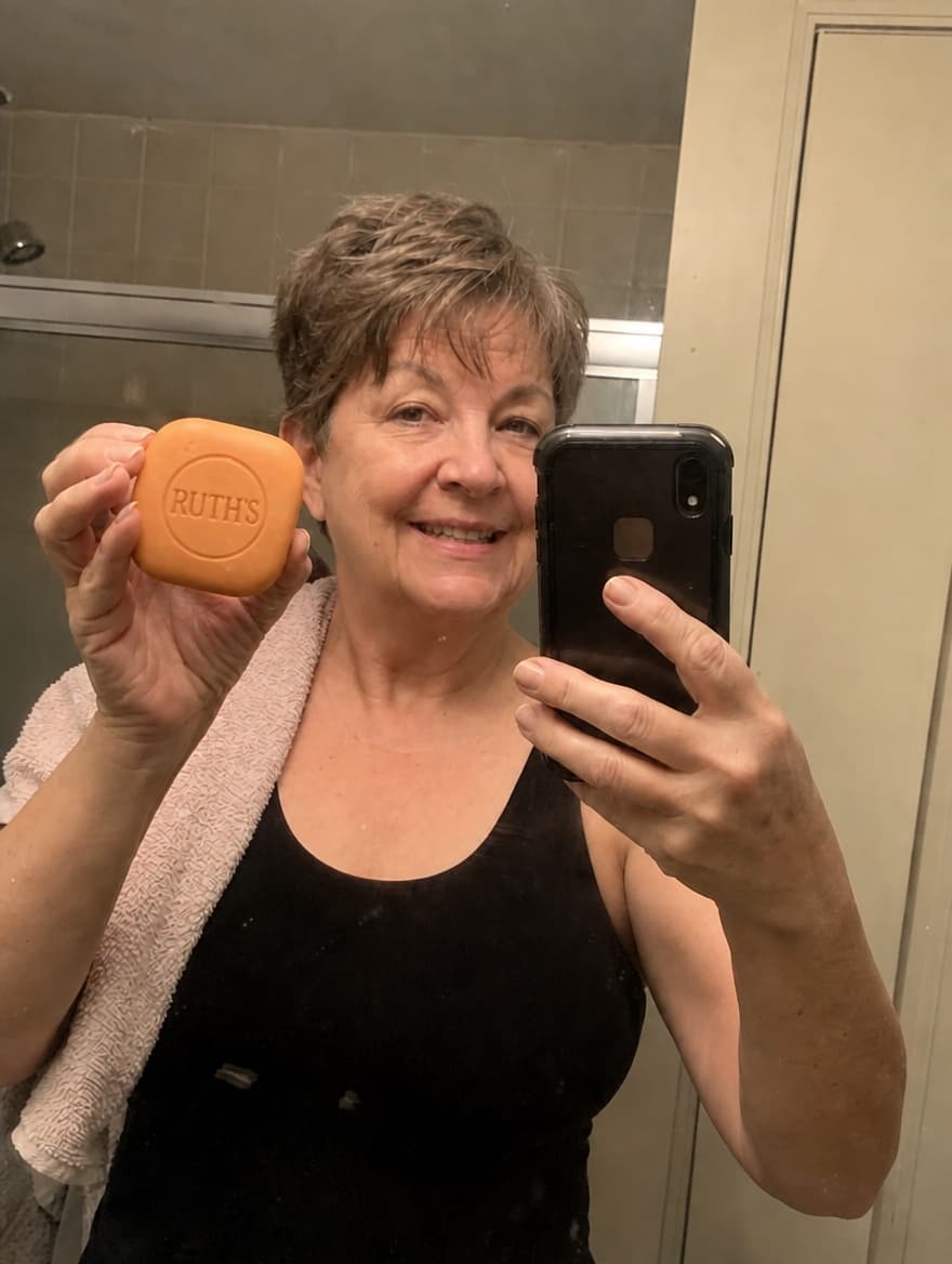 Linda holding the soap bar