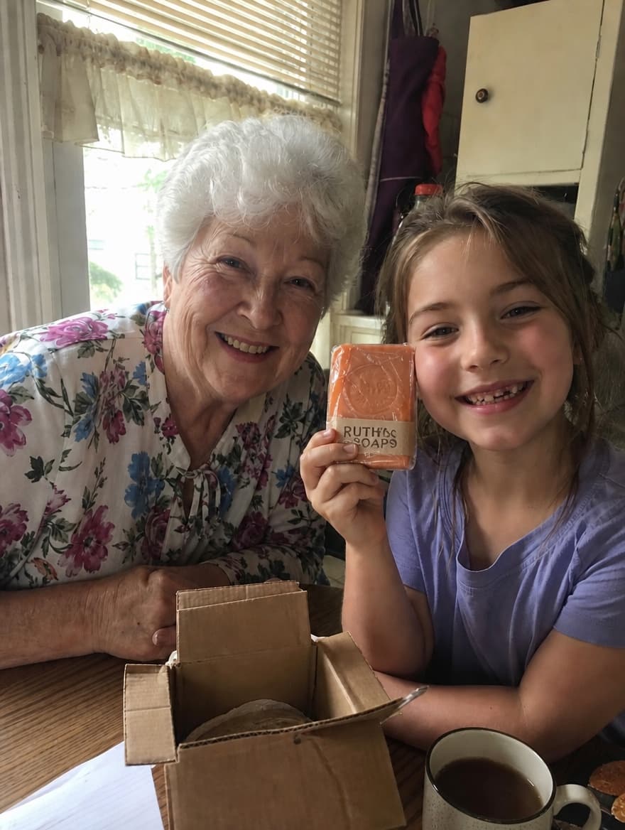 Frances holding the soap bar
