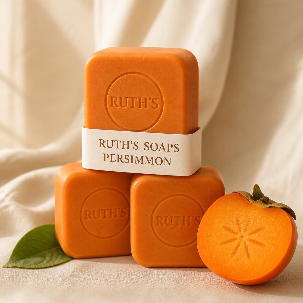 Ruth's Persimmon Soap Bar: three rounded-square bars with a paper band